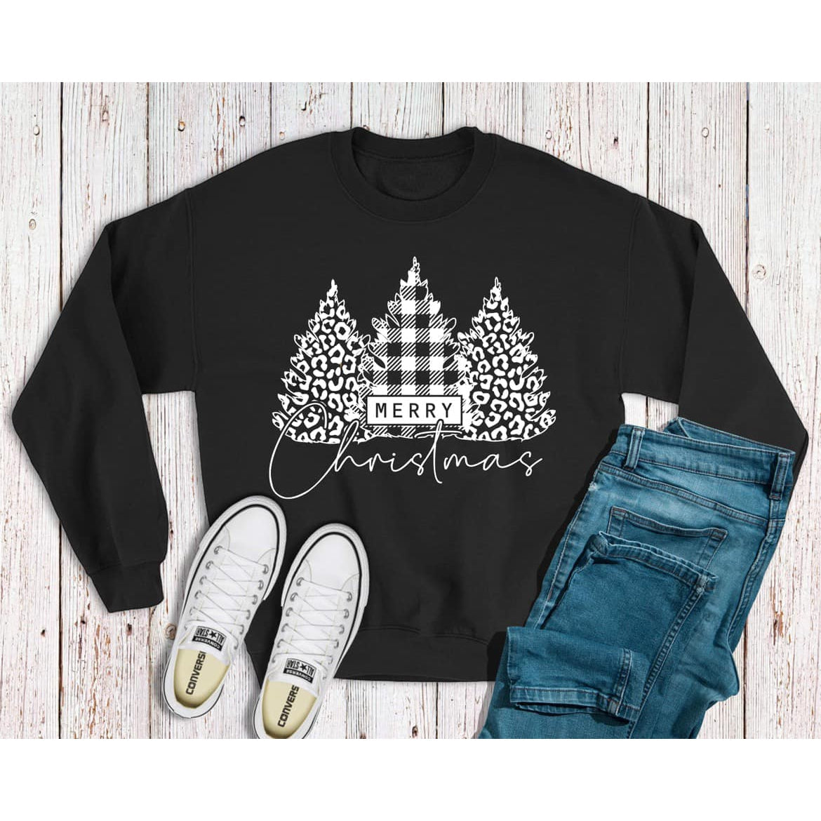 Buffalo plaid white Christmas trees Sweatshirt OR Tee