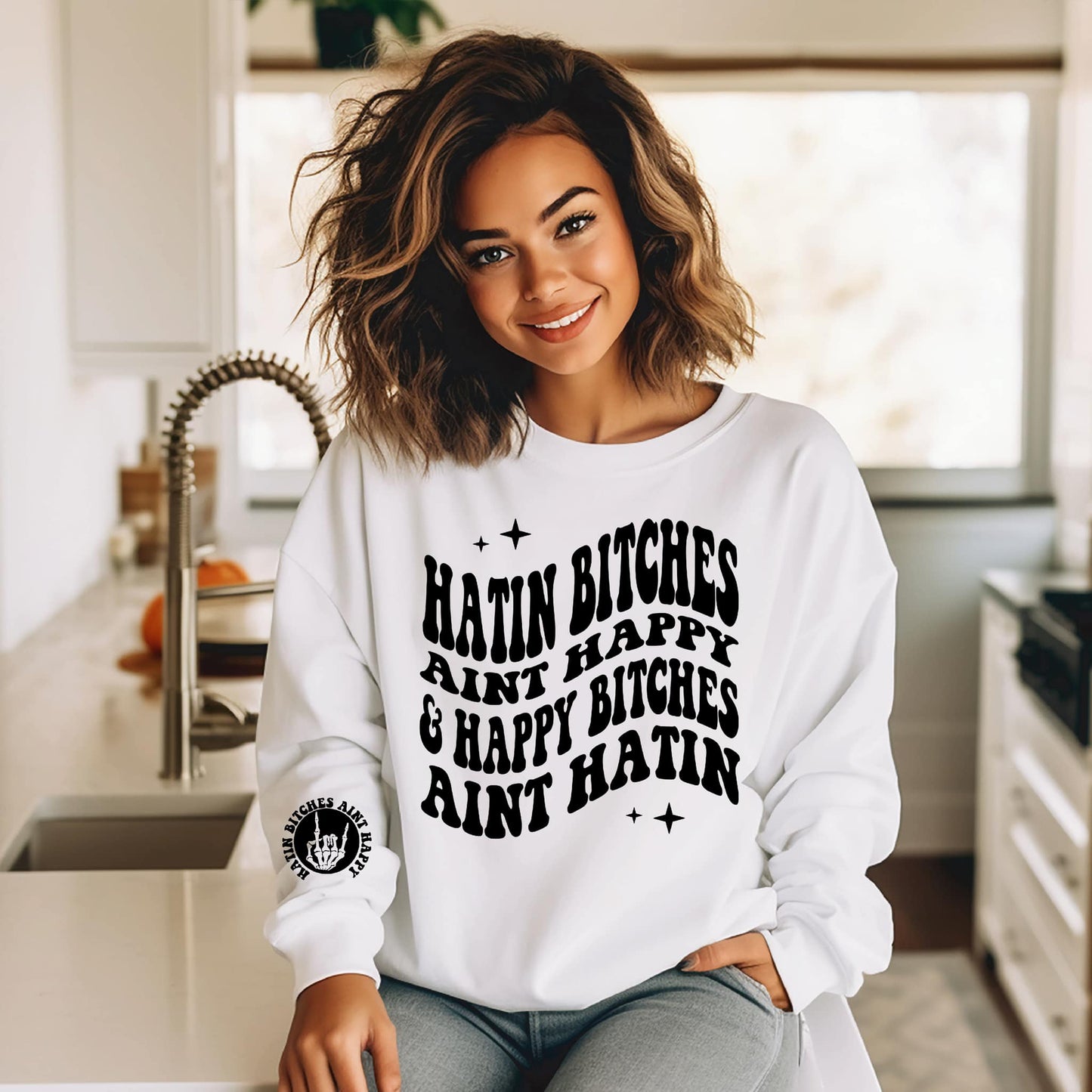 Hatin Bitches  With Sleeve Accent Sweatshirt