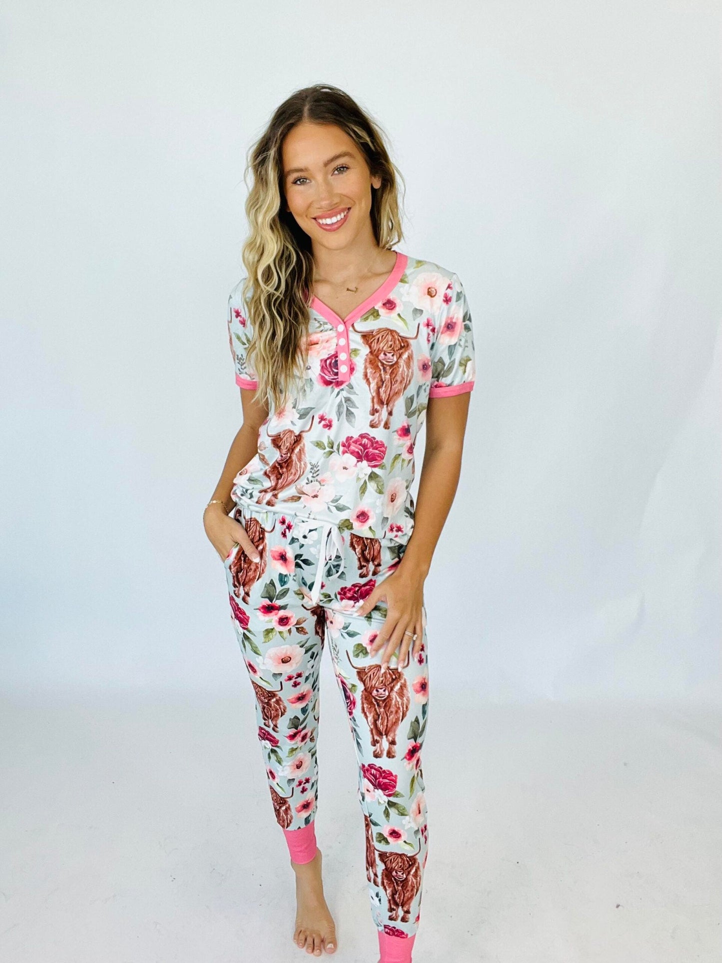 Preorder:Matching Short Sleeve Jogger PJ Set -#1-Cow Flora (Close2.25.2024)