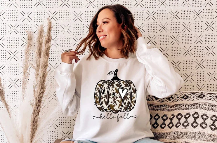 Cowhide Hello Fall Pumpkin Graphic tee/Sweatshirt options