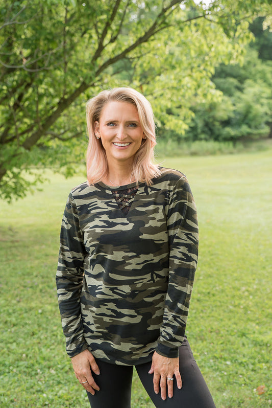 Classy in Camo Lace Top