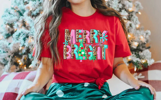 Merry & Bright Christmas Tree Leopard Graphic Tee/Sweatshirt options