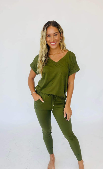 Shirley&Stone :Krisie V-Neck Solid Lounge Set-#4-Olive