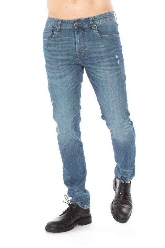 DISTRESSED SLIM TAPER DENIM JEANS