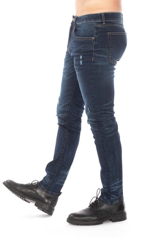 DISTRESSED SLIM TAPER DENIM JEANS